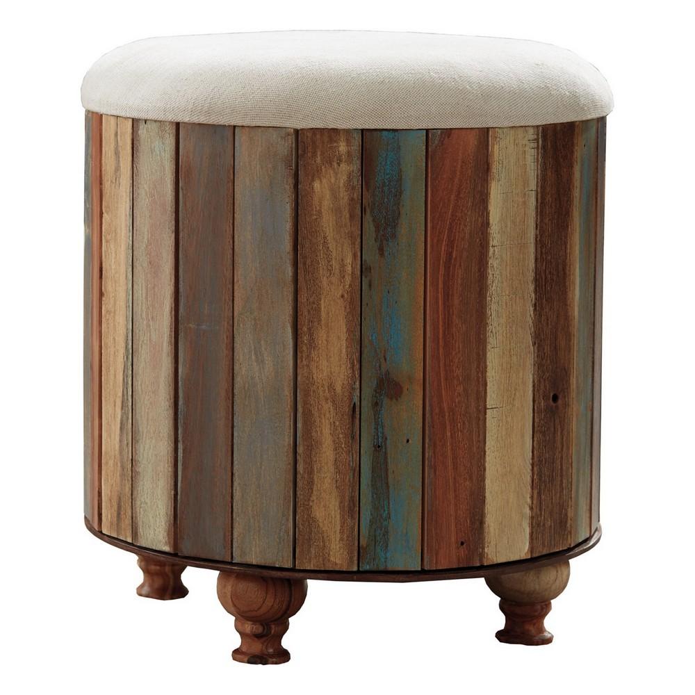 Round Padded Seat Storage Wooden Ottoman, Multicolor