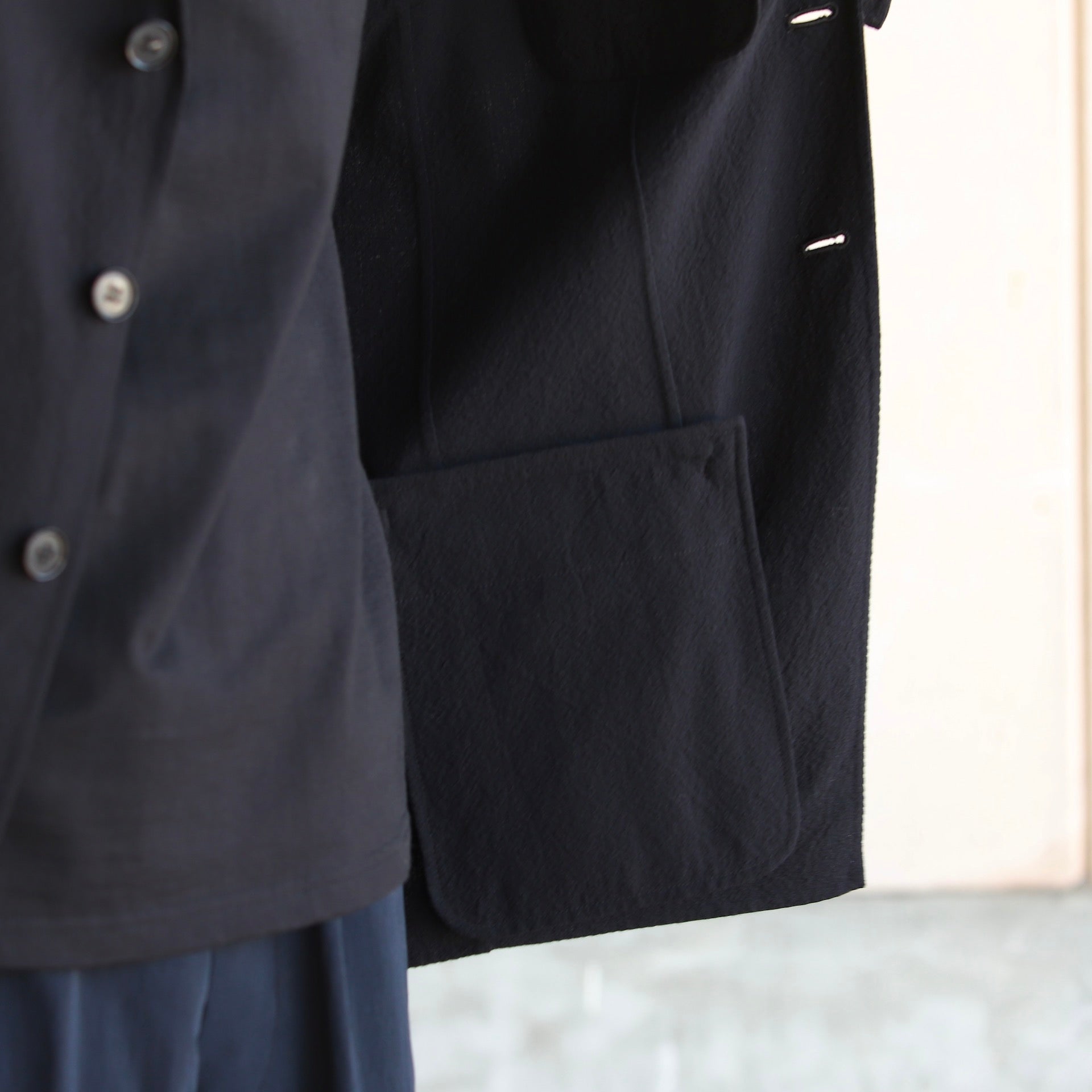 AUBETT COTTON × SUMMER WOOL PLAIN DOUBLE WEAVE CUT AWAY FRONT JACKET DEEP NAVY - 11