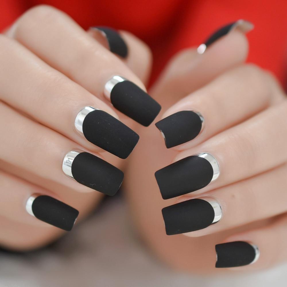 Long Matte Black Square French Nails – naileditor