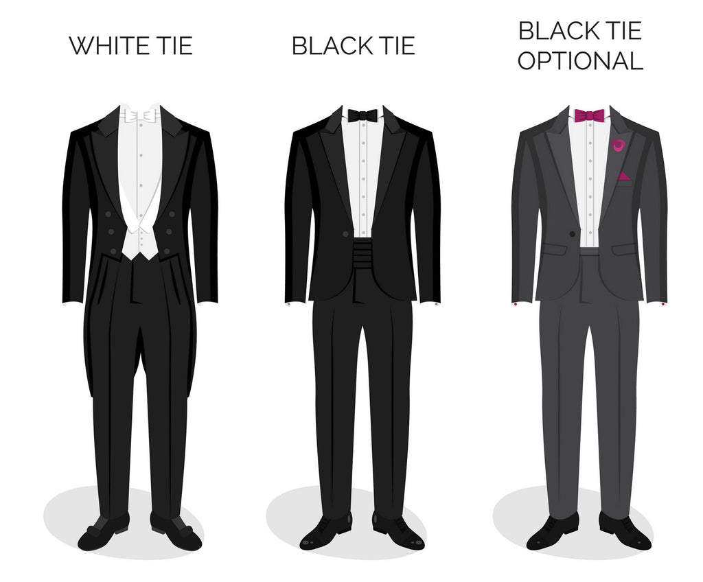 White Tie vs Black Tie vs Black Tie Optional Dress Codes Graphic