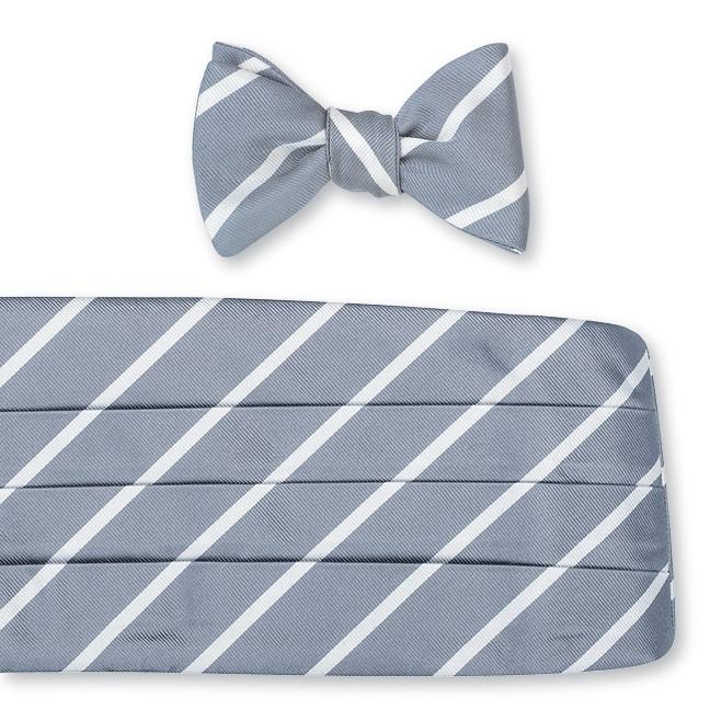 Gray Silver Cummerbund Set with White Stripes