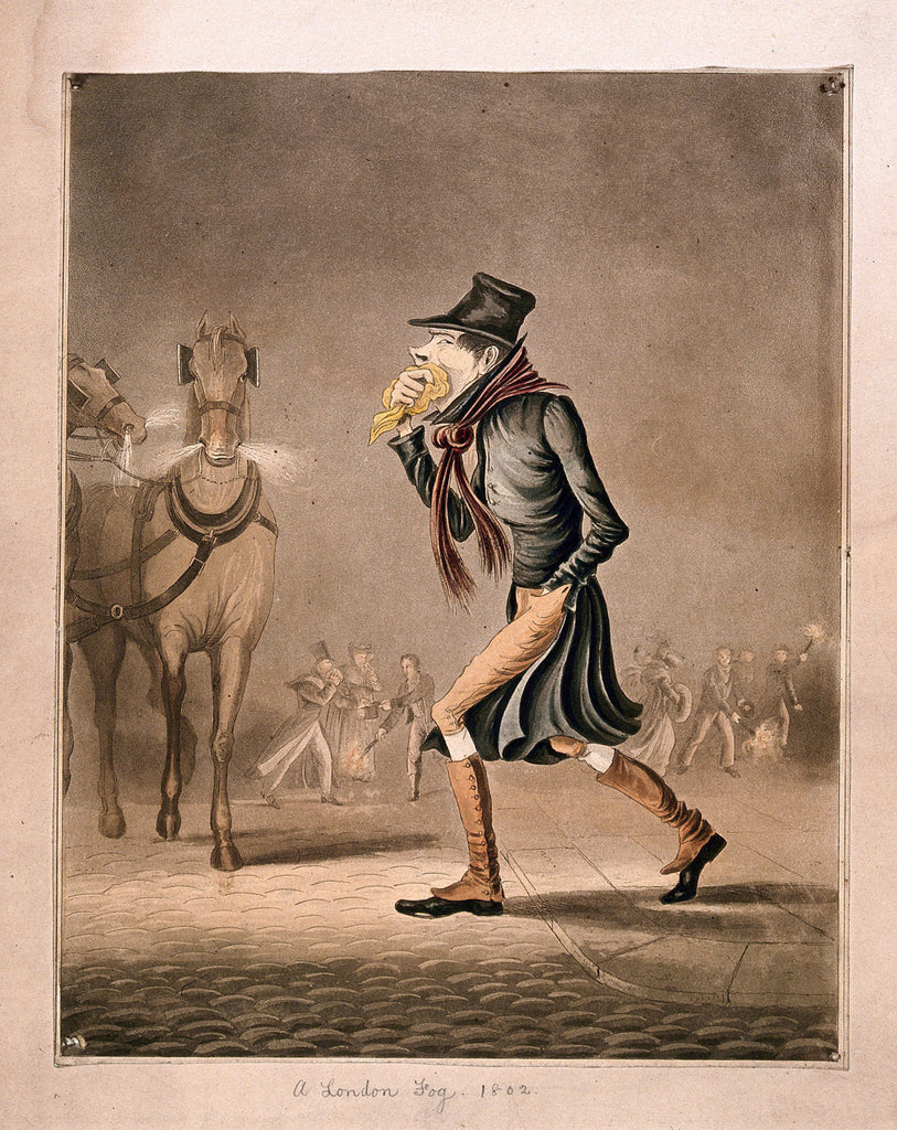 A man walks through London, holding a handkerchief to his mouth (1802)