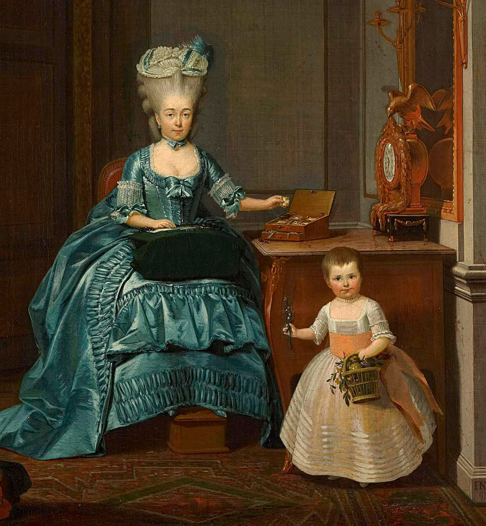 Child wearing peach color dress in Rococo painting