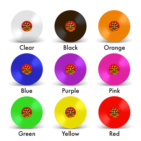 Nine coloured custom vinyl records; clear, black, orange, blue, purple, pink, green, yellow and red