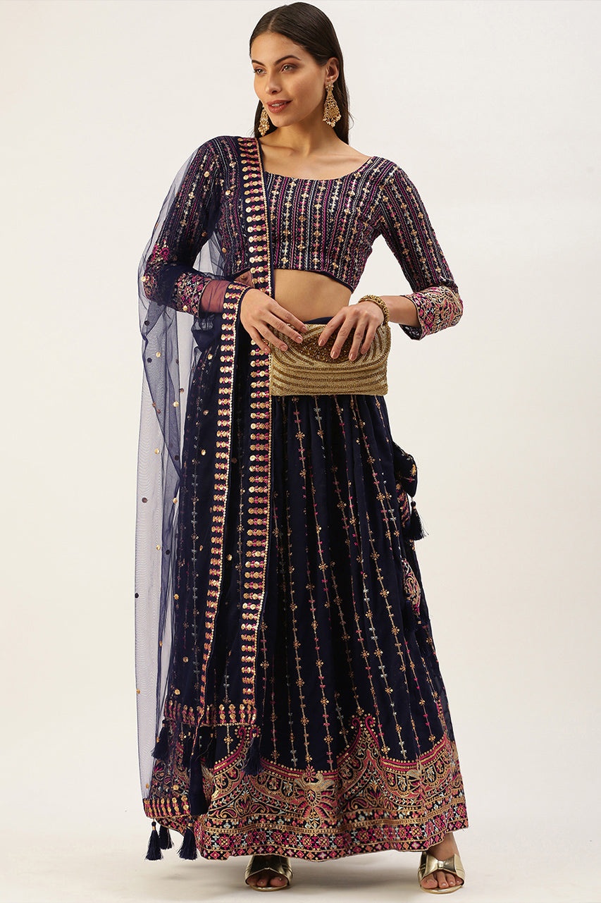 Navy Blue Sequence and Thread Embroidery Work Georgette Lehenga Choli with Dupatta