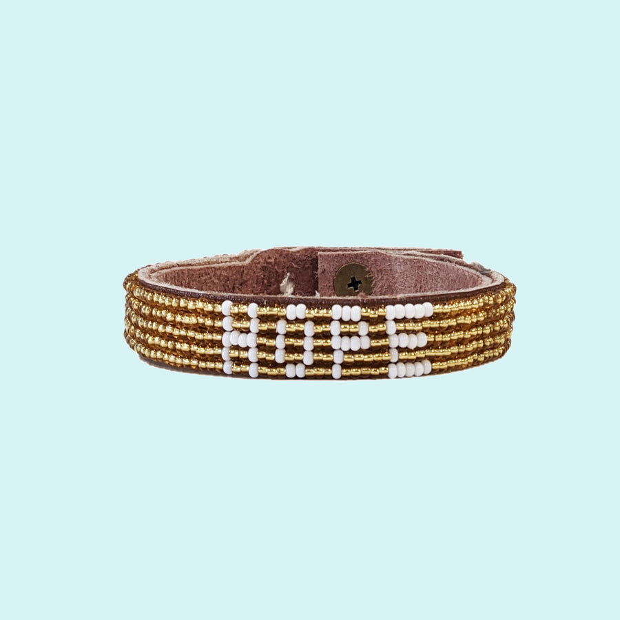 Hope Beaded Leather Cuff - Gold