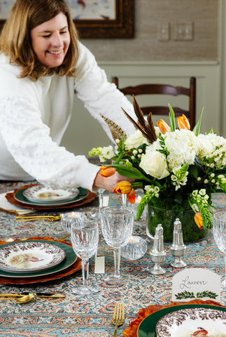 Cameron Jones sets a beautiful table with florals and the Hemingway Hunt collection.