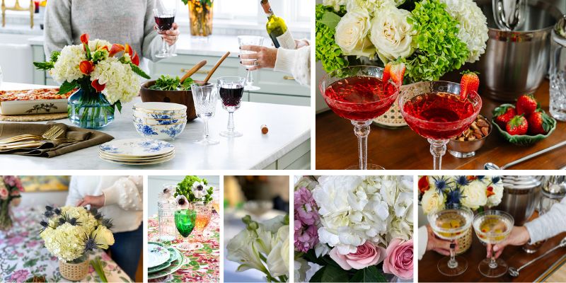 Florals add color and personal touches to tablescapes, bar carts, and casual gathering. Designs by Cameron Jones.