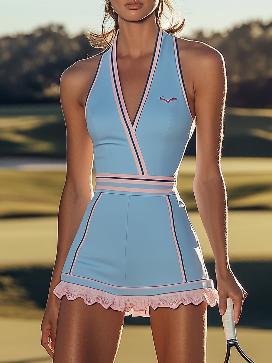Fashionable Sports V-neck Pink Trim Light Blue Sleeveless Mini Dress
