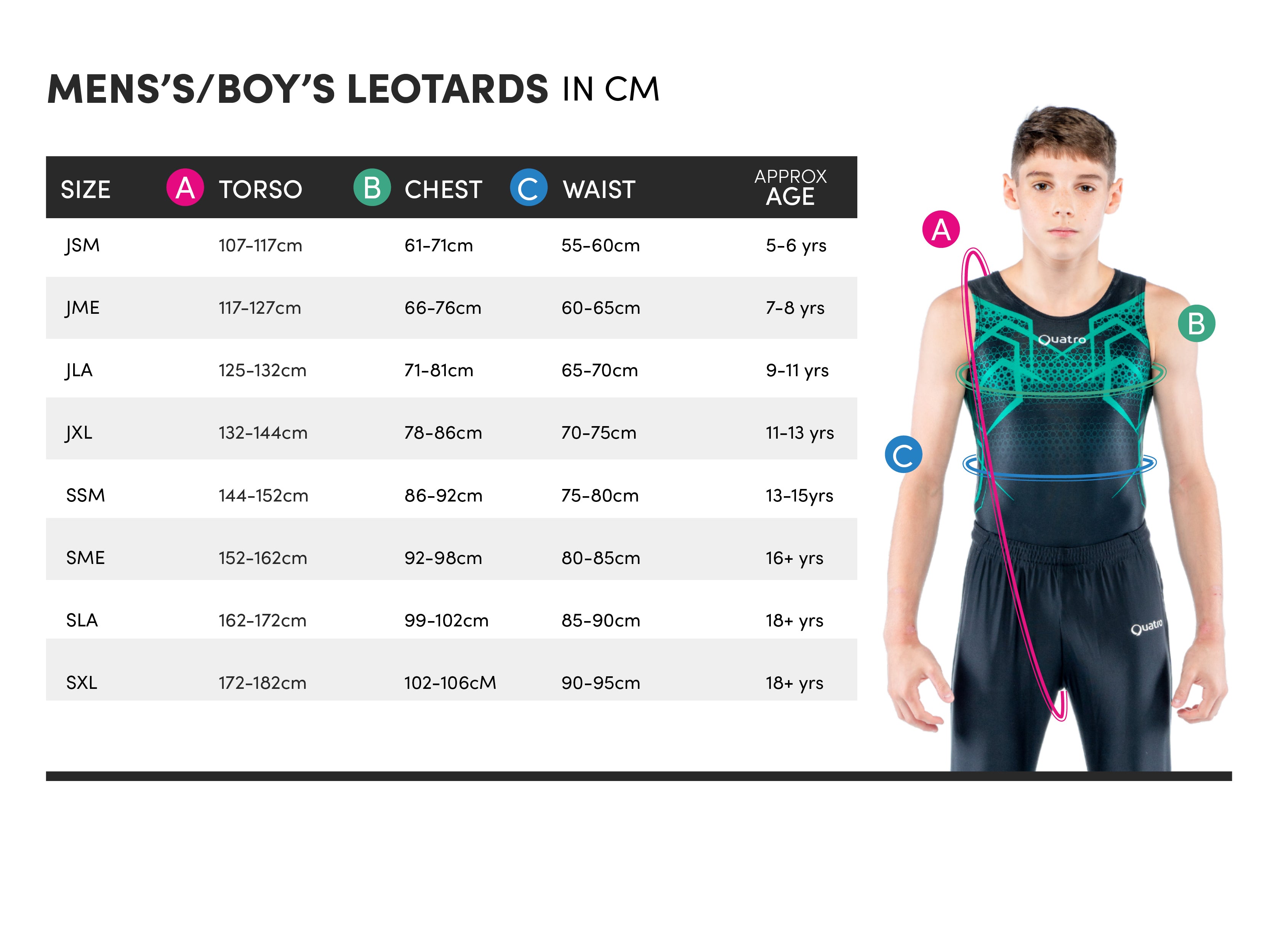 Mens leotard size guide — Quatro Gymnastics EU