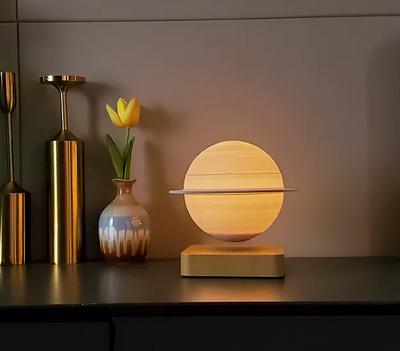 View of the Saturn plant lamp on a bookshelf in the bedroom