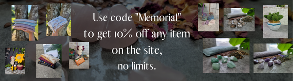 Image says Use code "Memorial" to get 10% off any item on the site, no limits.  Pictures show eye pillows, crystals, crochet items, neck wraps, and crystal necklace pouches made of crochet. 