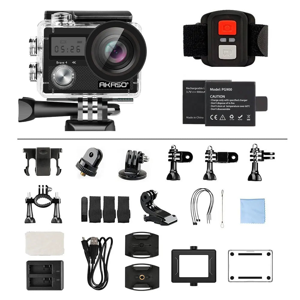 AKASO-Brave 4 Câmara de Vídeo Subaquática, Controlo Remoto, Zoom 5X, Ultra HD, 20MP, 30M, 2 Baterias, 4K-6