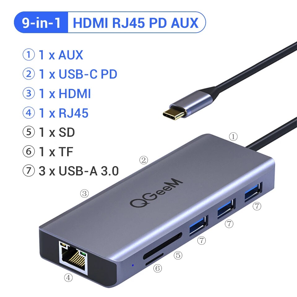 QGeeM-Hub USB C para Macbook Pro, Dock Splitter, Adaptador, PD, HDMI, RJ45, TF, SD, 3,5mm, Aux, Tipo C, iPad Pro, 8 em 1-11