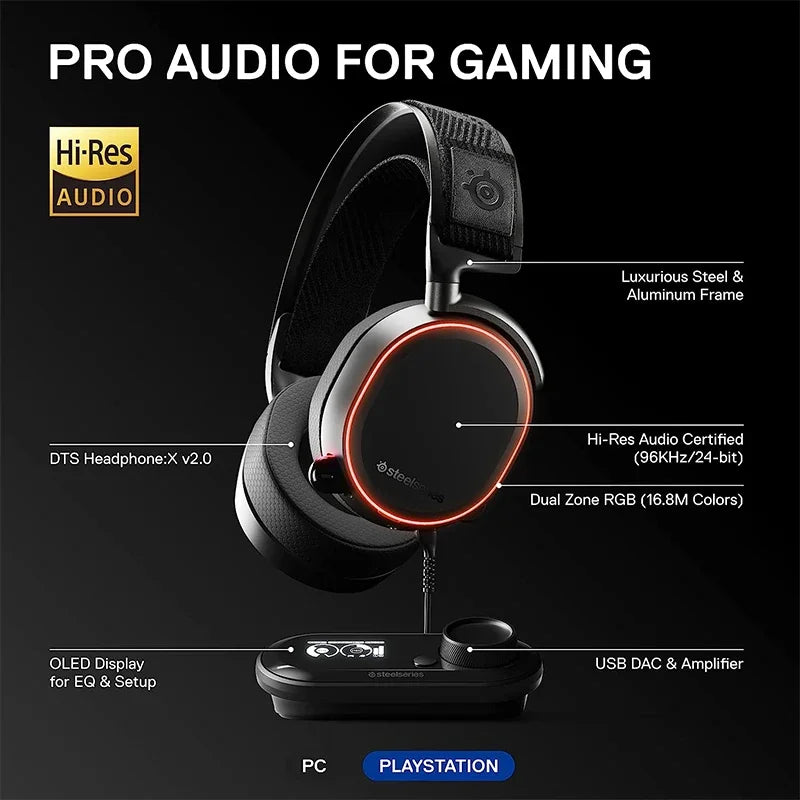 SteelSeries-Arctis Pro Plus Gaming Headset, GameDAC, Amp, Certificado, Alta Resolução, Dedicado ao Áudio, PS5, PS4, PC-1