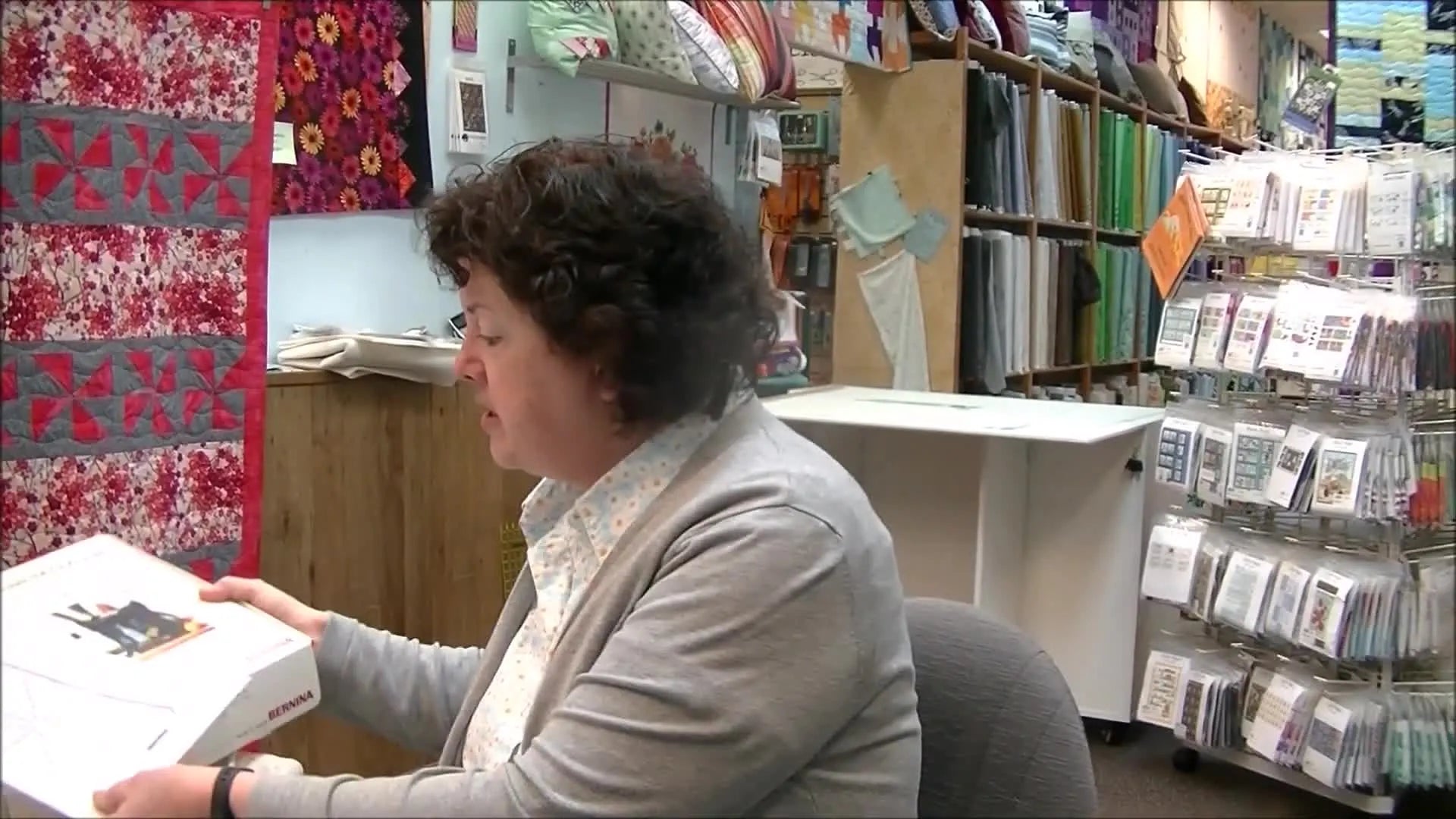 Pam holding the Bernina Large Freearm Hoop box.