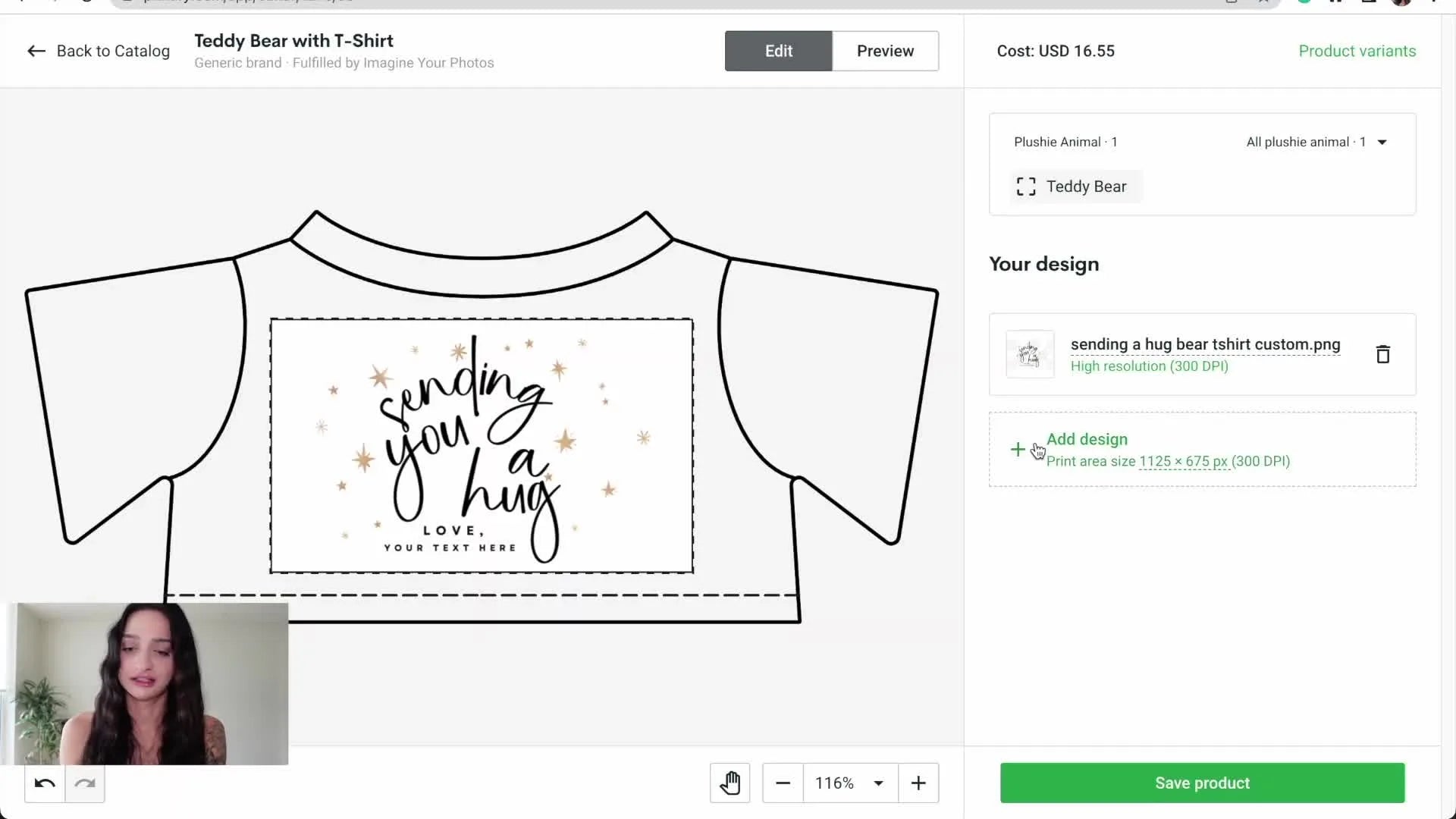 Printify design editor with 'Custom text' feature selected and text box