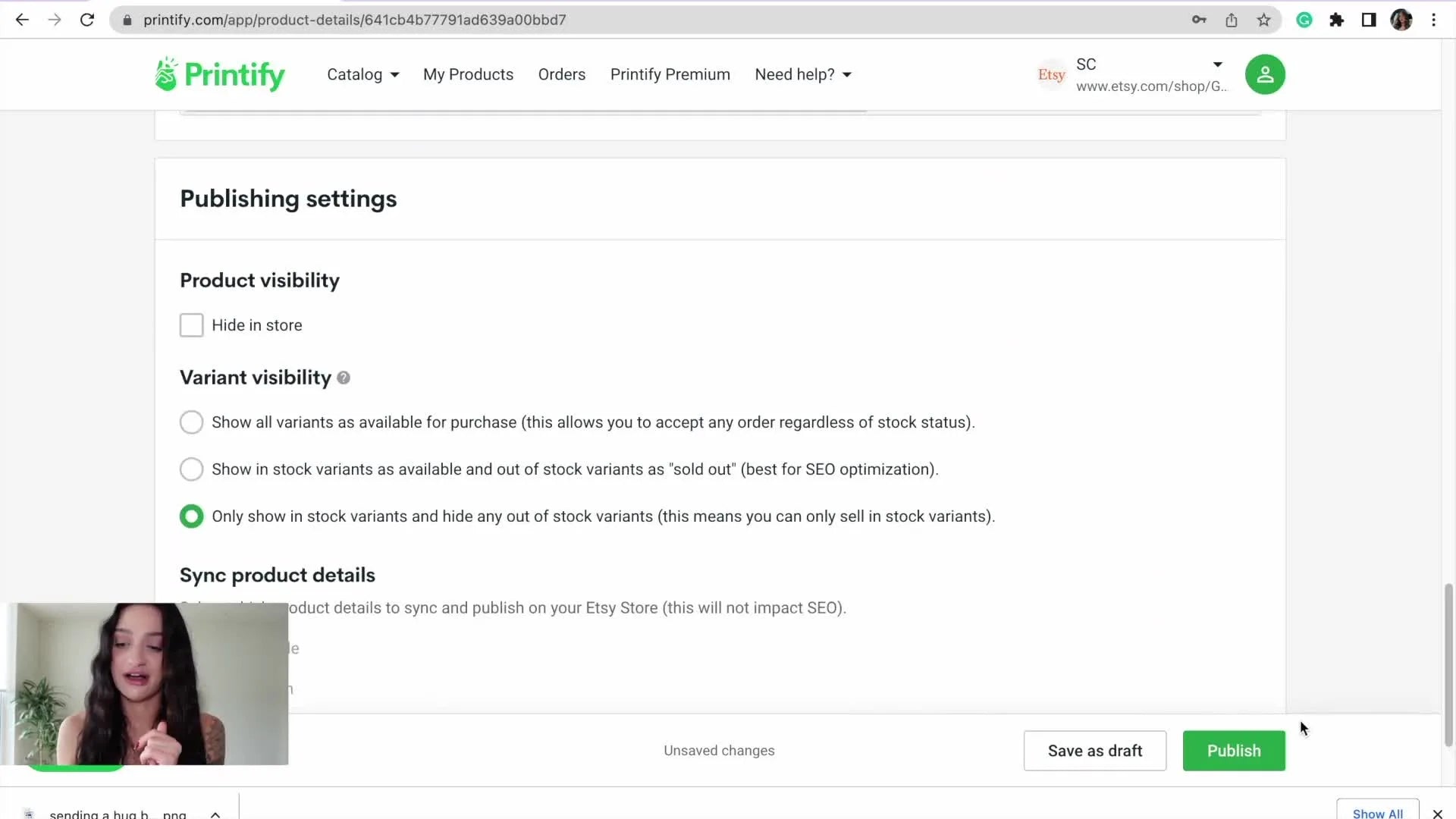 Printify 'My Products' page showing 'Custom Teddy Bear' as unpublished draft
