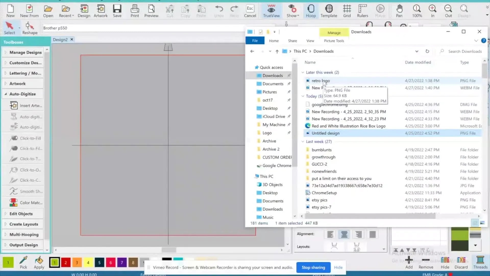 The 'retro sunnies' logo image, with a yellow background, has been successfully dragged into the Hatch Embroidery software.