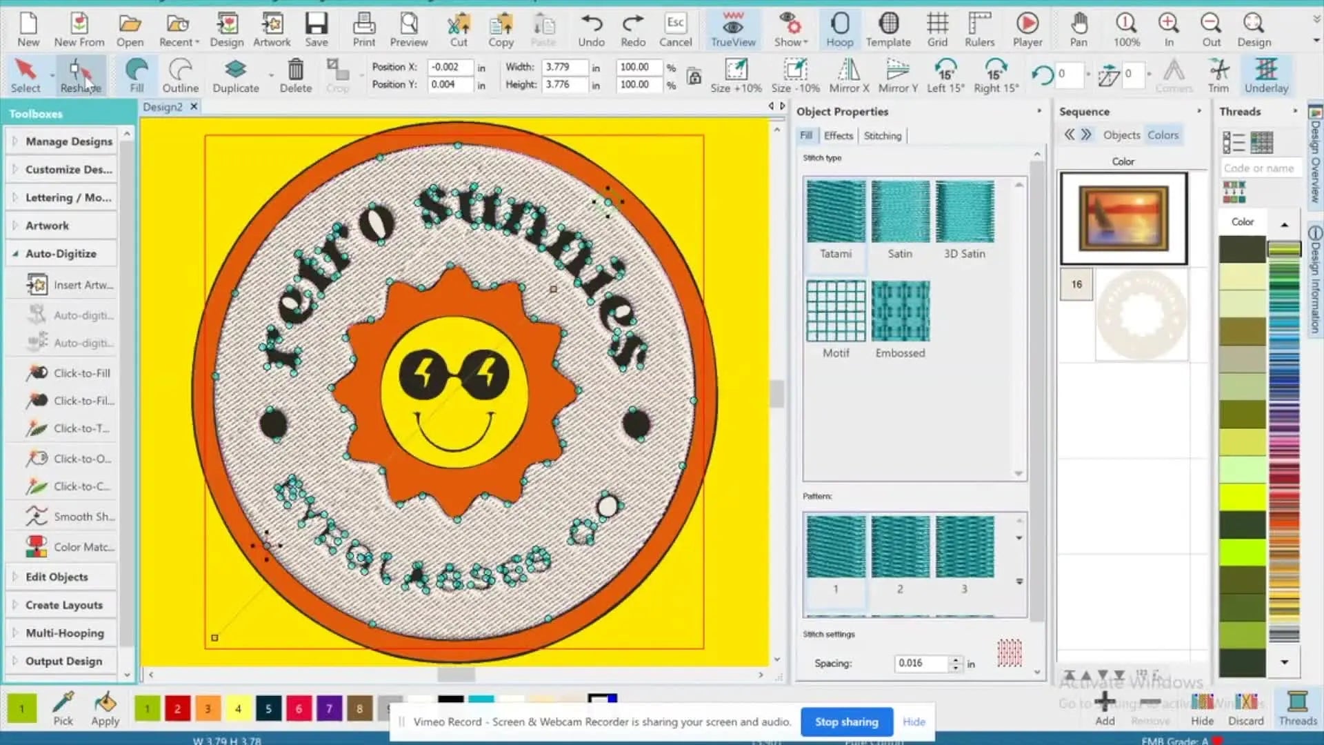 Hatch software displaying the digitized tan background with reshape nodes visible, and stitch type options like 'Tatami' and 'Satin' on the right.