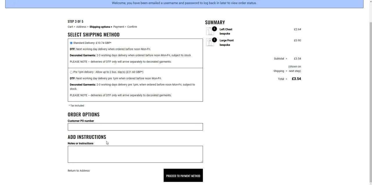 Fields for 'Customer PO number' and 'Add Instructions' on the checkout page.