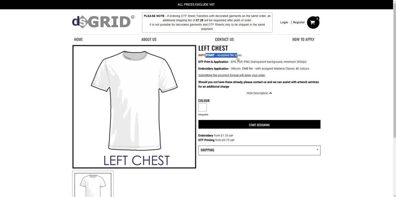 Text stating 'IMPORTANT - Accepted files' with details for DTF and Embroidery files.