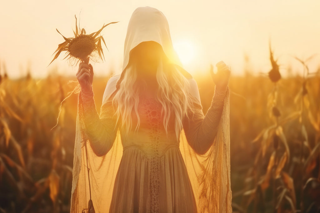 Sunlight on woman in a corn field. She is backlit and holding a sunflower