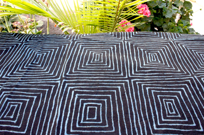African Mud Cloth Blue Line Throw/Blanket  Designer Handmade Fabric - Bozzena
