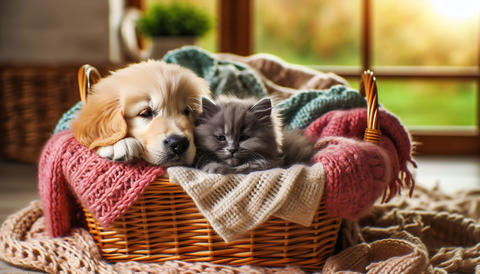 An adorable illustration of a puppy and a kitten cuddling
