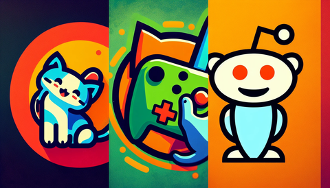 A collage of popular subreddit logos including r/aww, r/gaming, and r/funny