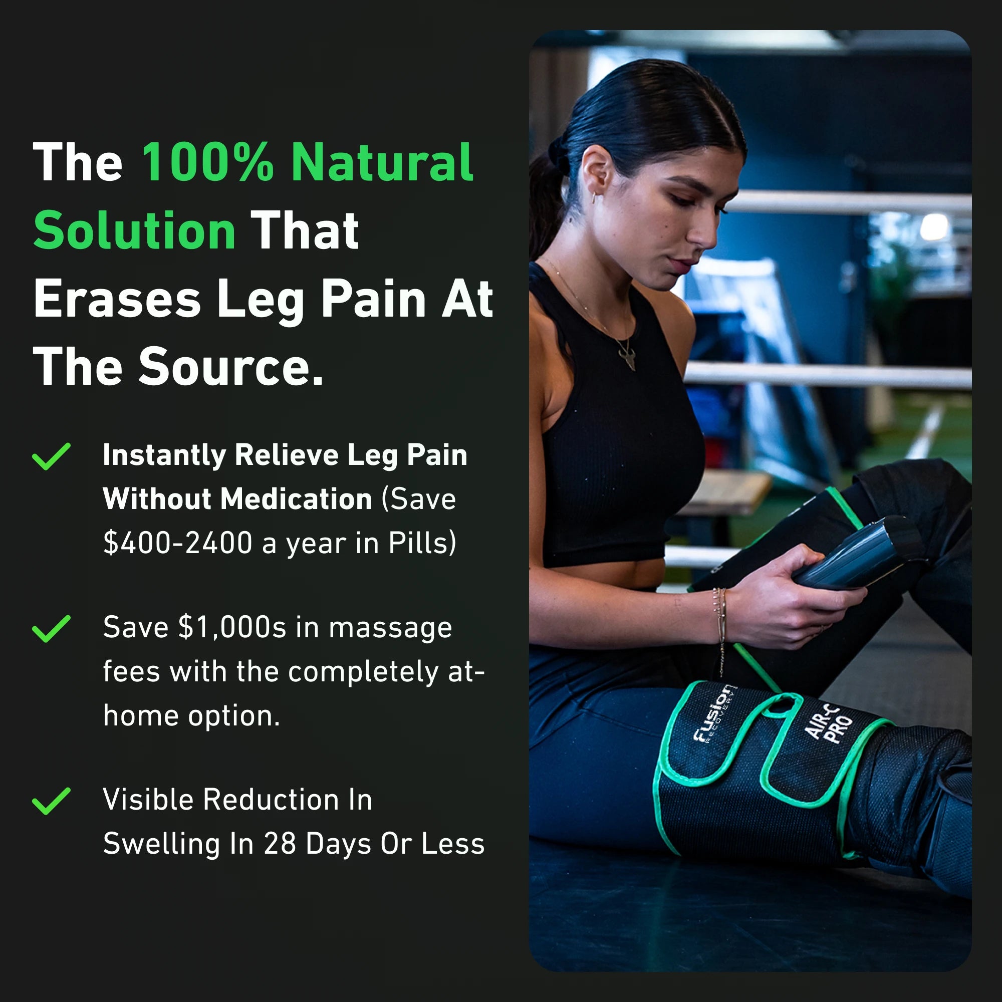 Woman using a leg pain relief device while reading about its benefits.
