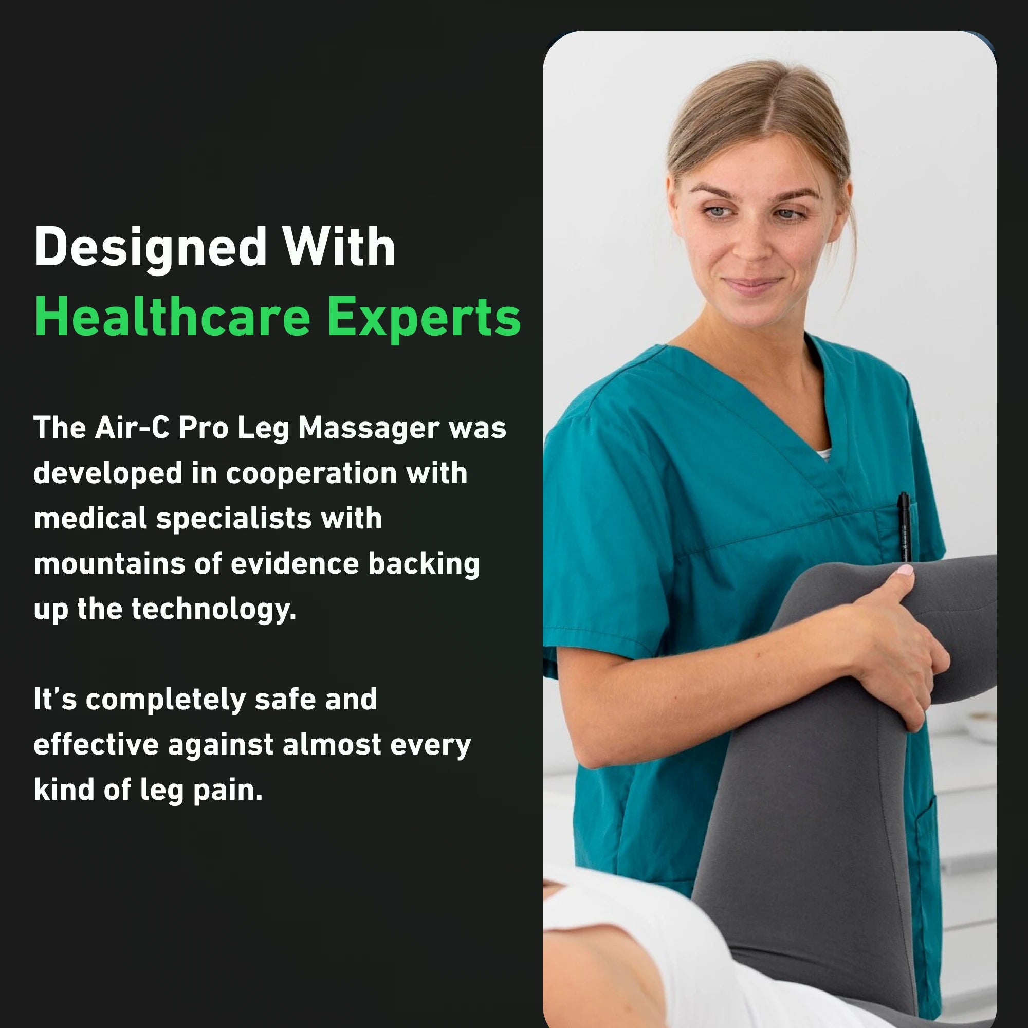 Healthcare professional holding a patient's leg, promoting the Air-C Pro Leg Massager with supportive text.