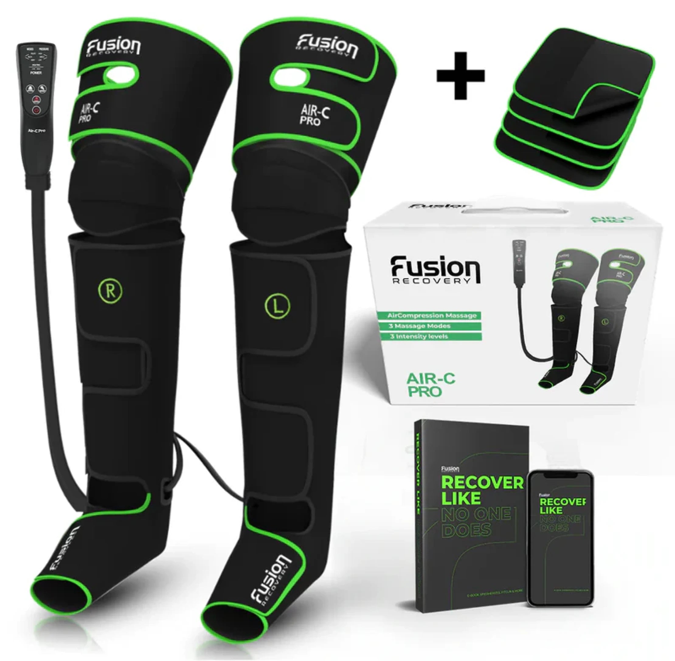 Fusion Recovery Air-C Pro leg compression massager with remote, case, four pads, and recovery guidebook.