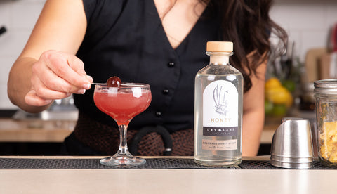 Woman places garnish on a red cocktail with Dry Land Honey Spirit bottle next to it