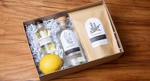 Gift Box with Dry Land Distillers Honey Spirit, Dry Land Distillers bar nuts, lemon and orange blossom simple syrup