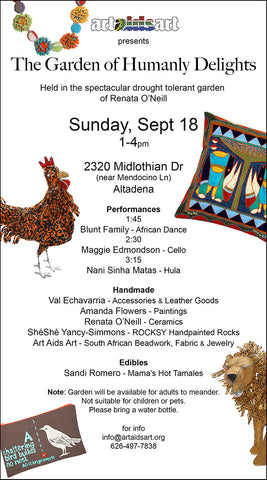 Performances at 1:45 (African dance), 2:30 (cello) and 3:15 (hula). South African handcrafts available from Art Aids Art.