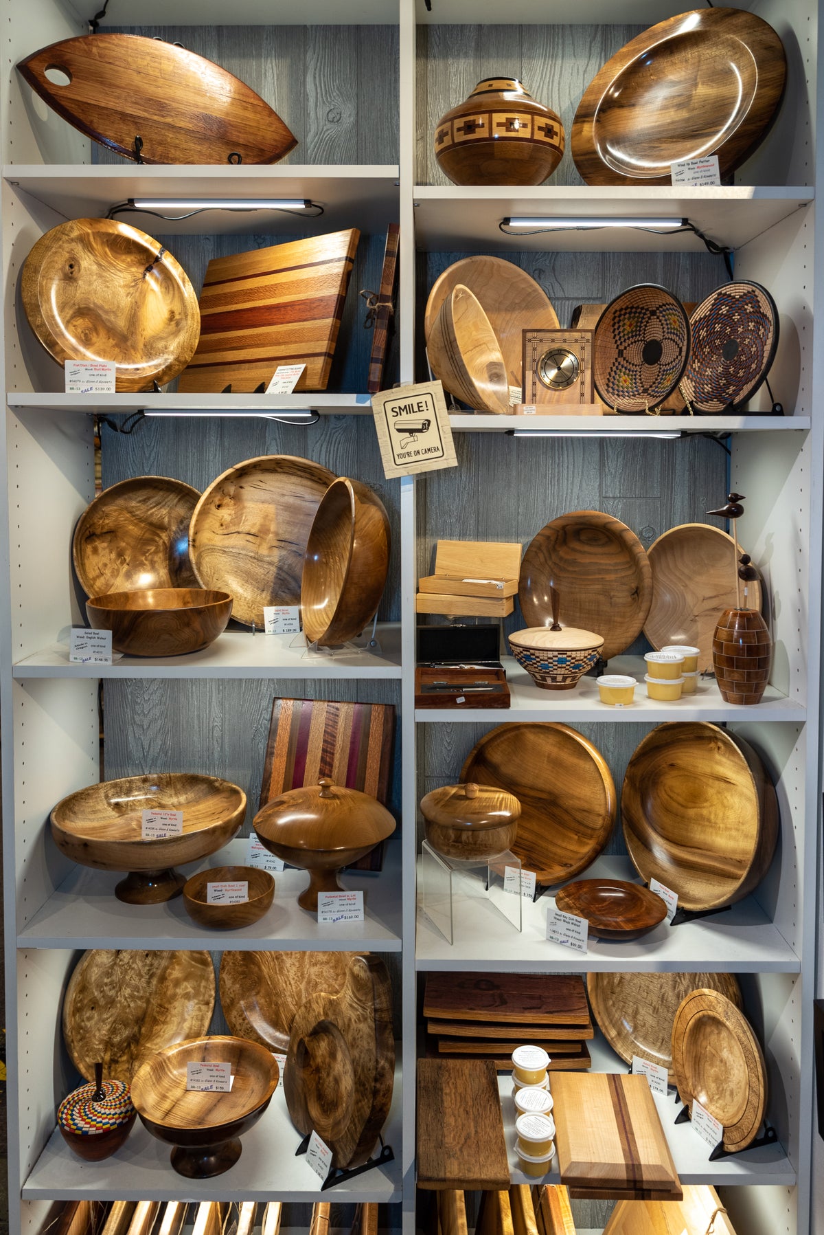 Shelf of custom made wooden bowls.