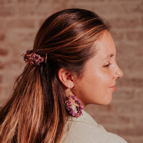 earrings and headdress with preserved flowers in lilac and fuchsia