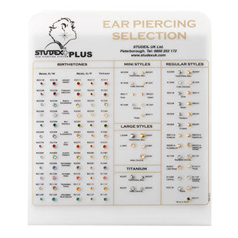 shop display showing all options available for studex plus piercing earrings range