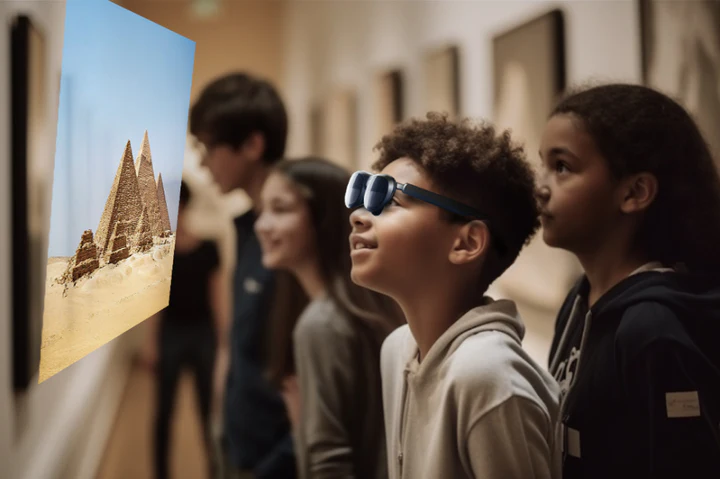 Students using Rokid augmented reality smart glasses in the museum