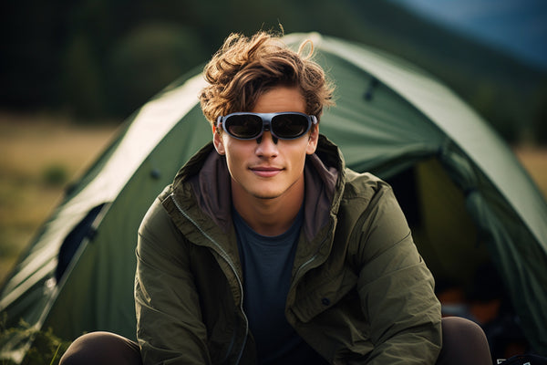 Ein Mann, der beim Camping eine Rokid Max-Brille verwendet, die Videos anzeigt