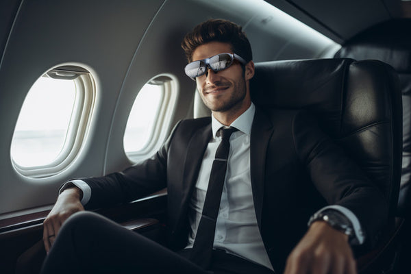 Ein Geschäftsmann, der im Flugzeug eine Rokid Max-Brille verwendet, die Videos anzeigt