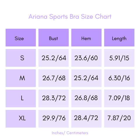 Ariana Sports Bra Size Table