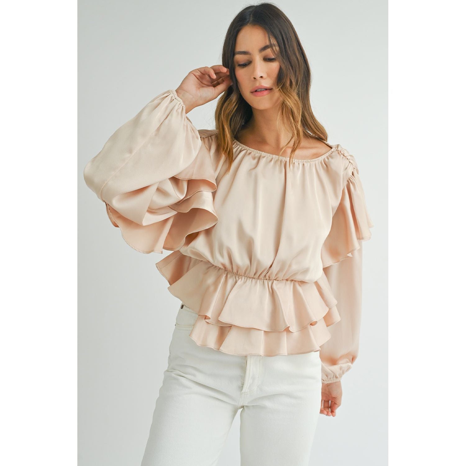 Oatmeal Lace-up Keyhole Back Ruffled Peplum Blouse