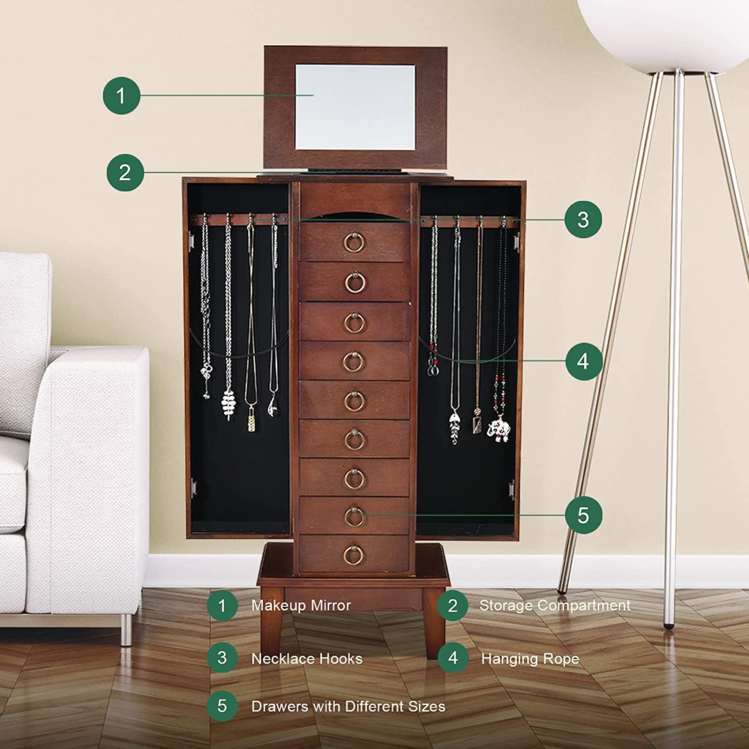 Chairliving Wooden Jewelry Armoire Storage Cabinet Chest Organizer with Flip Top Mirror and 6 Removable Drawers
