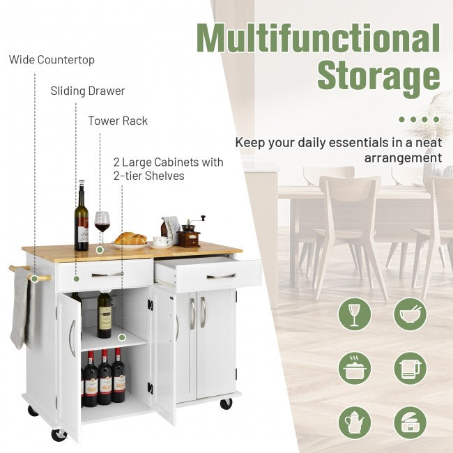 Rolling Kitchen Island Large Storage Cabinet Buffet Cart with Adjustable Shelves and Drawers