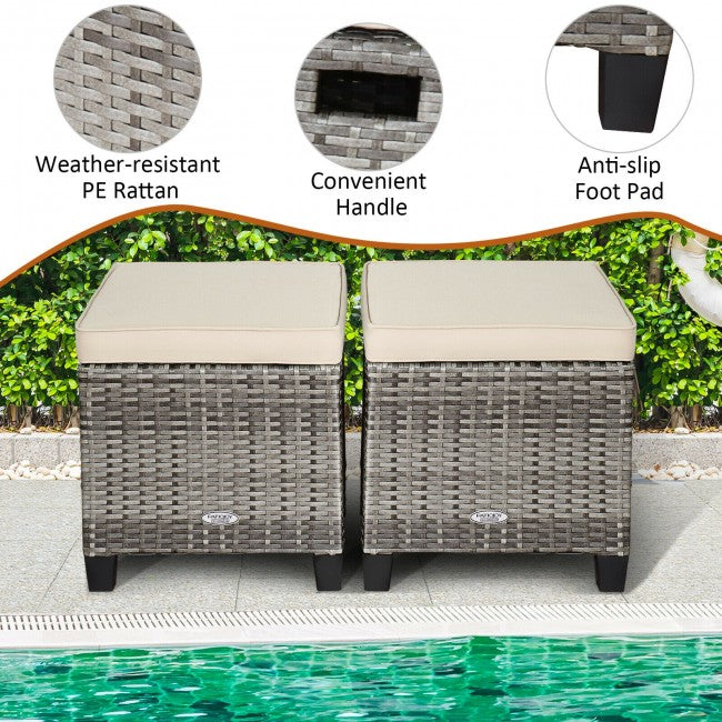 2 Pieces Patio Rattan Ottoman Seat Outdoor Footstool Footrest with Removable Cushions