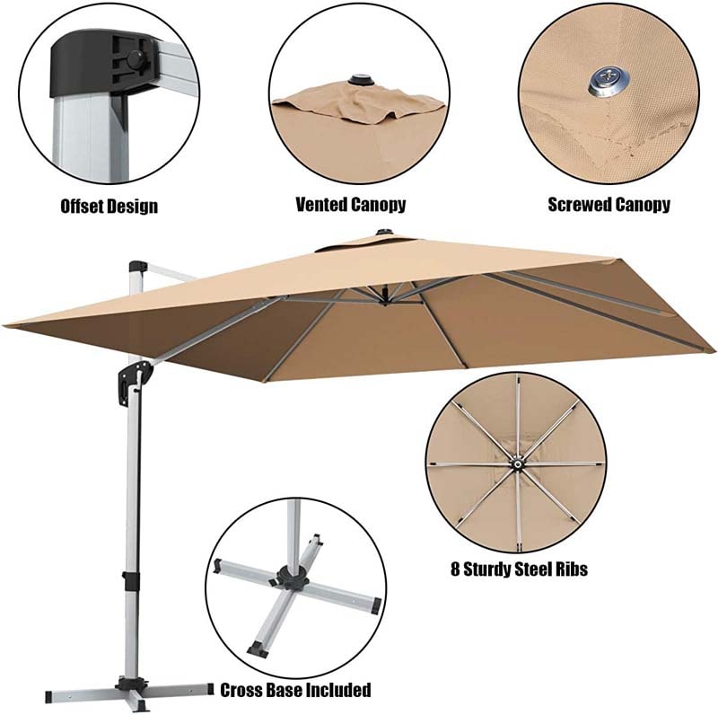 10 FT 360 Degree Outdoor Adjustable Tilt Aluminum Square Hanging Umbrella Patio Offset Cantilever Umbrella