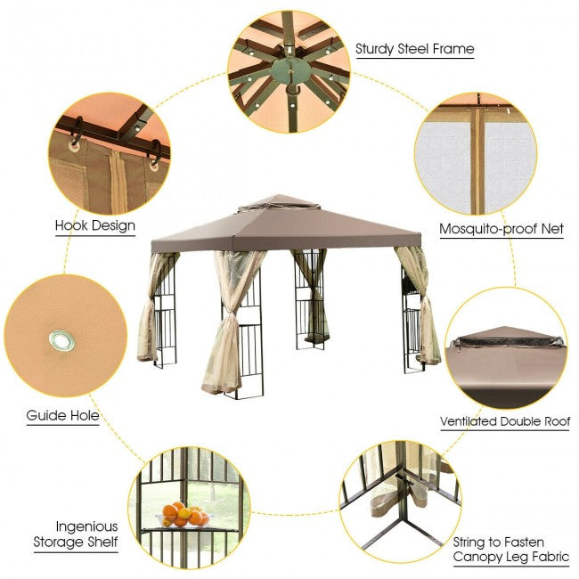 10 x 10FT Outdoor Gazebo Tent Patio Screw-free Structure Canopy Shelter with Mosquito Netting