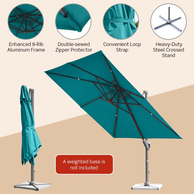 10 x 10 Ft Outdoor Aluminum Cantilever Umbrella Patio Offset Hanging Umbrellas with 360-Degree Rotation and 4-level Tilting